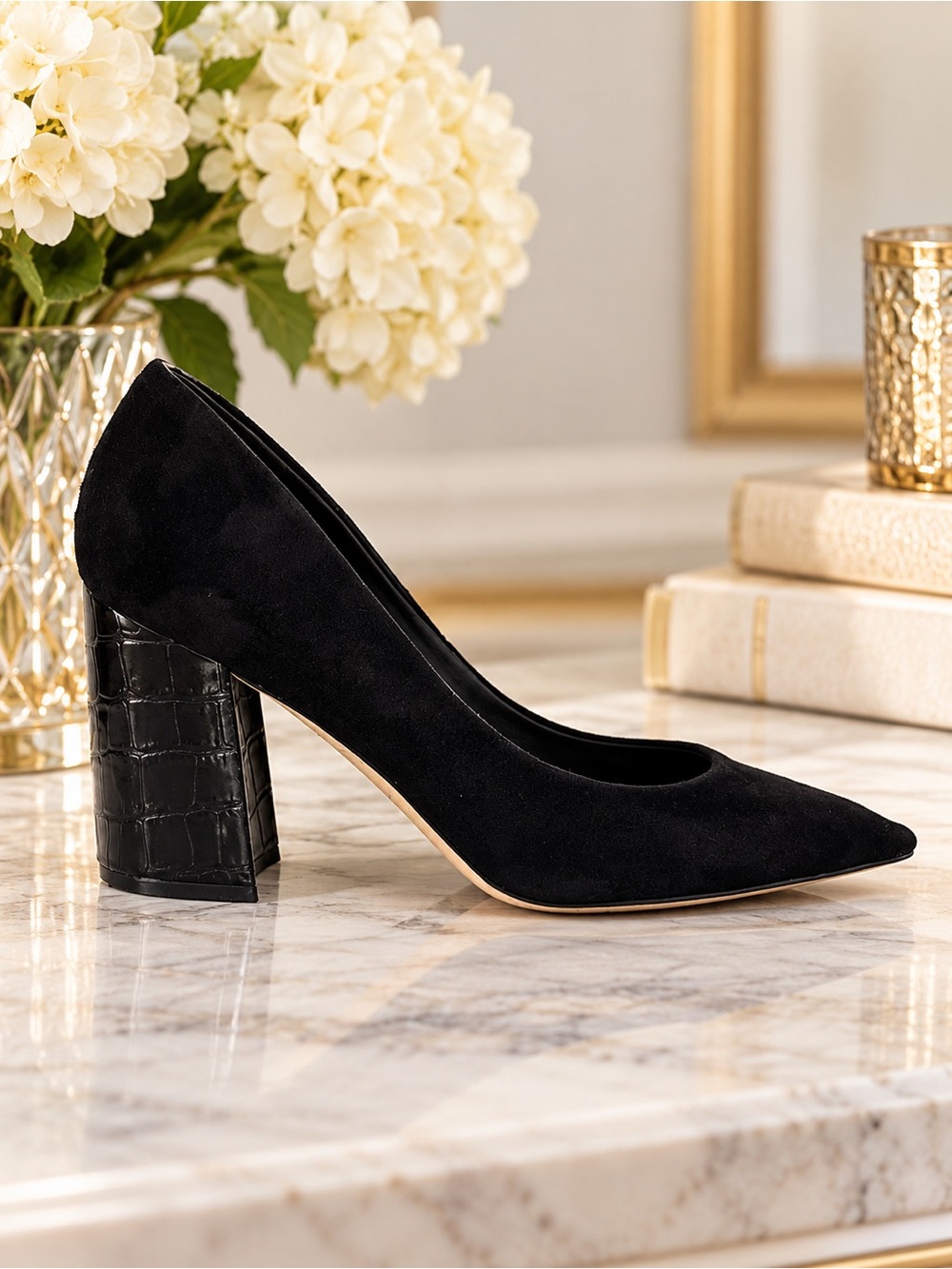 J.McLaughlin Beatrice Black Suede Pumps Size 9.5 | Crocodile Embossed Block Heel